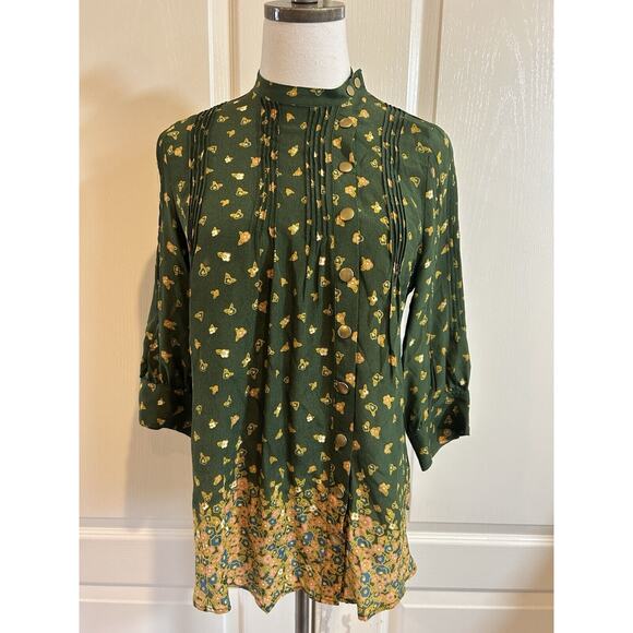 Lauren Moffatt Blouse Womens S green floral Silk Print Snap Prairie Cottagecore - Picture 1 of 11